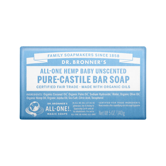DR BRONNERS Pure Castile Soap Bar Hemp All in One Unscented Baby 140g - Welcome Organics