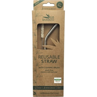 GO BAMBOO Bent Stainless Steel Straw + Cleaning Brush