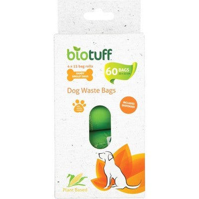 BIOTUFF Dog Waste Bags Refill 4 x 15 Bag Rolls - 60 Bags